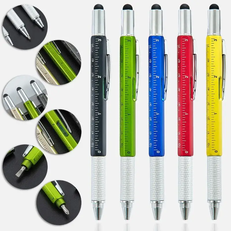 6 In 1 Multifunctional Pen Touch Screen Stylus Capacitive Pen With Screwdriver Ruler Levelgauge Refillable Ballpoint Pencil Tool