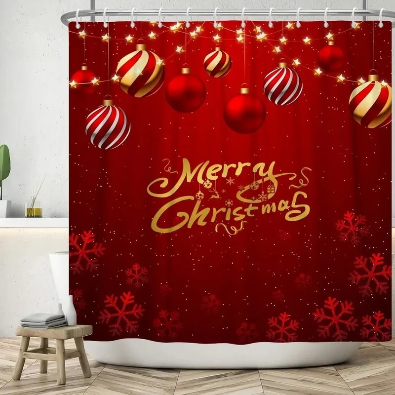 Red Gold Christmas Shower Curtain with Snowflakes Stars Holiday Bathroom Decor No Drilling 12 Hooks Included