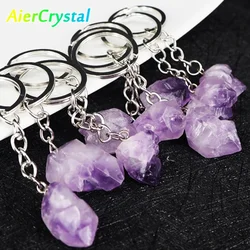 Natural Amethyst Flower Keychains Crystal Healing Stone Keychain Irregular Rough Quartz Reiki Healing Gemstone Dangle Pendant