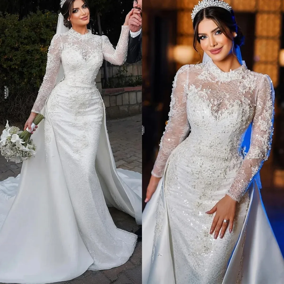 Customized Elegant Mermaid Wedding Dress Round Neck Long Sleeve Lace Stickers Pearl Decorative Long Sleeve  Vestido de Novia