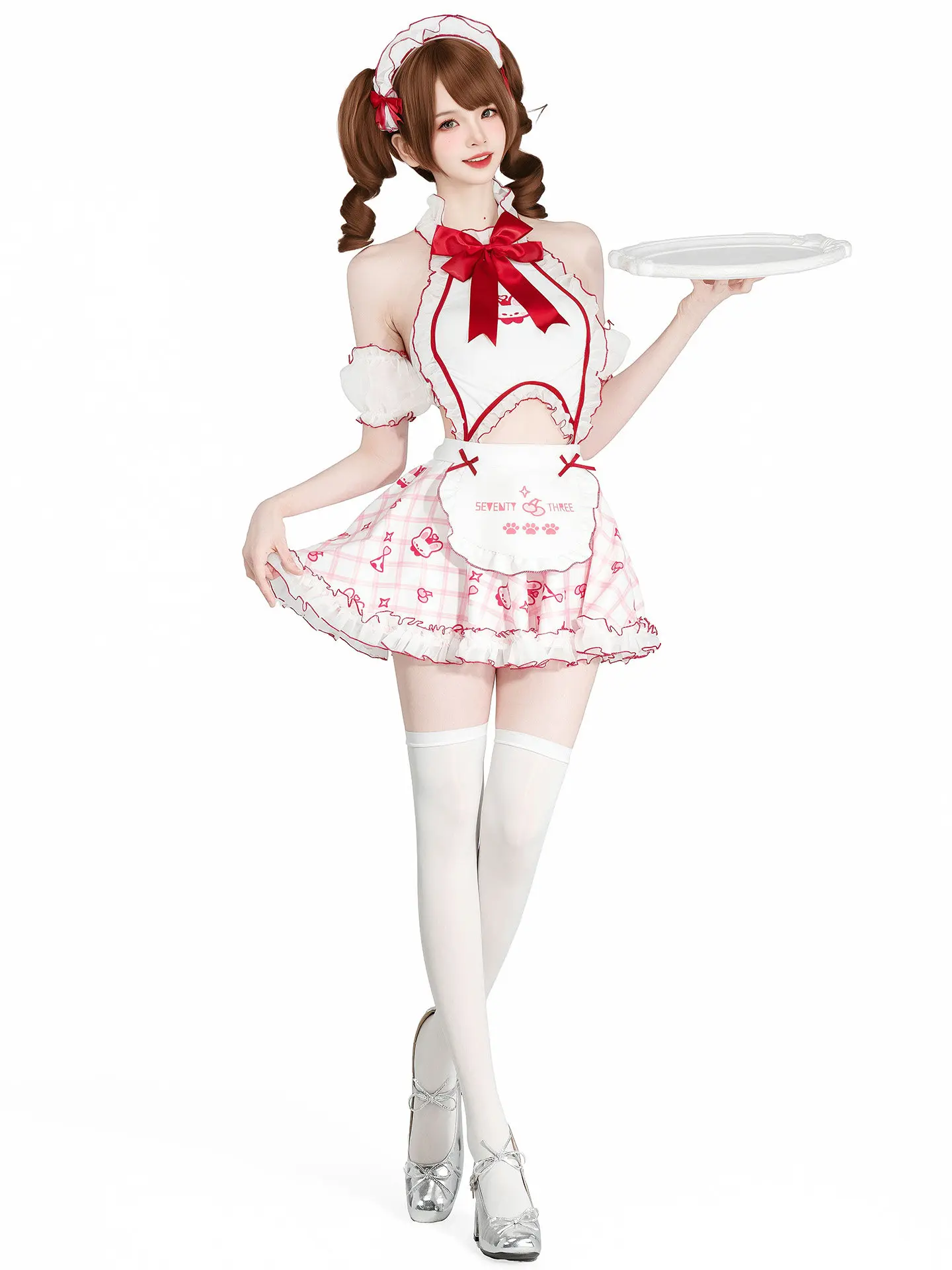 Kawaii Bunny Maid Halter Sleepwear Set Sweet Plaid Print Ruffle Apron Dress Cute Lolita Home Loungewear Cosplay Costume Women - view 2