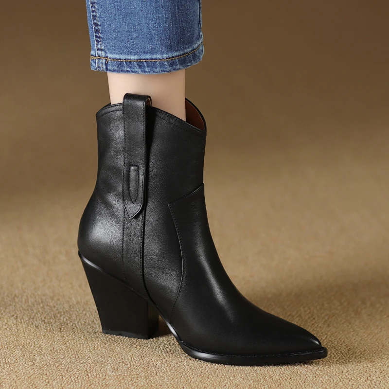 2023 Women Ankle Boots Genuine Leather Autumn Winter Short Boots Thick Heels Pointed Toe Shoes Woman Mature Basic Office Lady