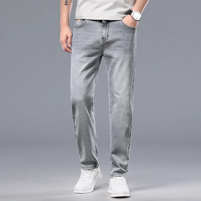

Летние тонкие мужские эластичные хлопковые джинсы, модные мягкие удобные прямые деловые повседневные джинсовые брюки, брендовая мужская одежда
