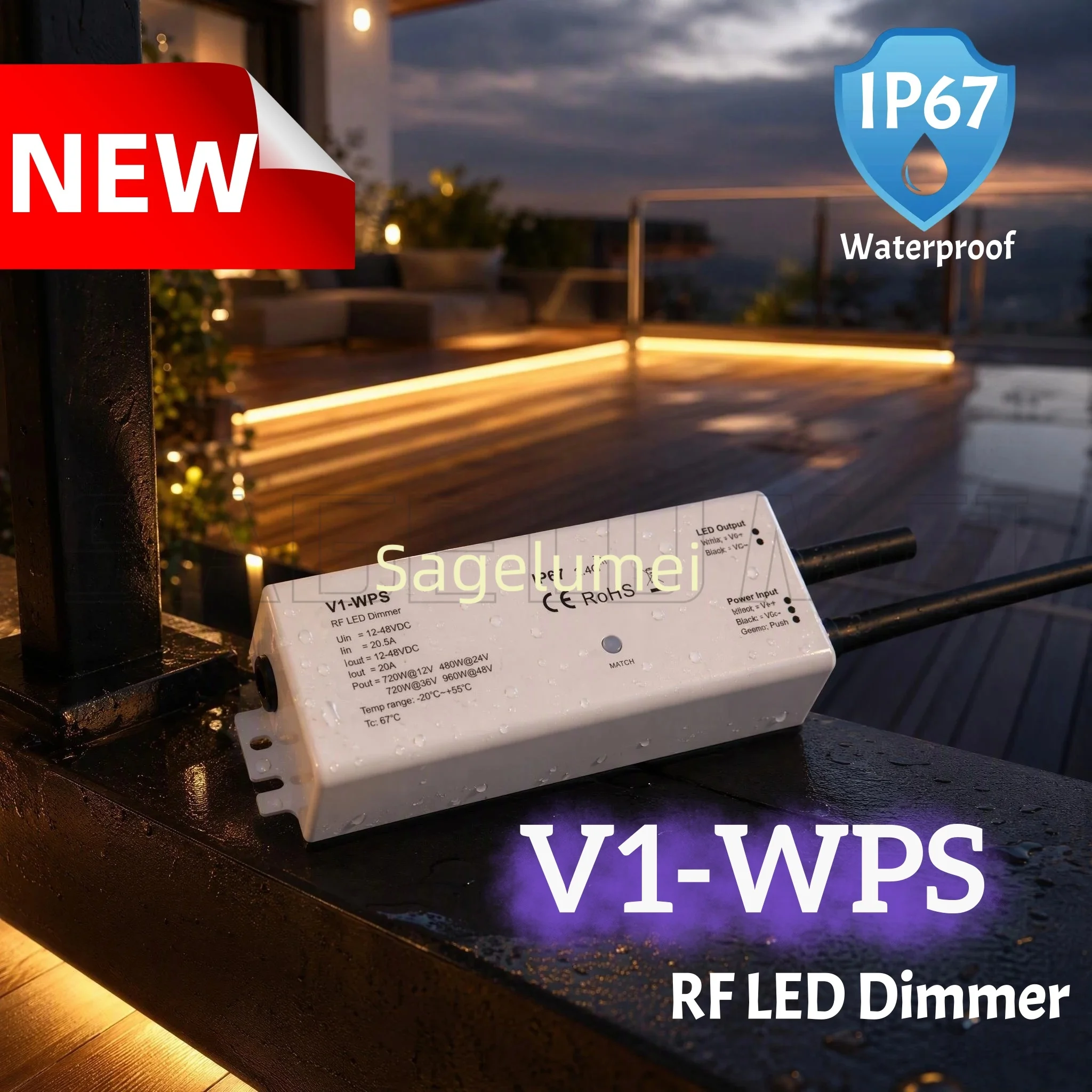 V1-WPS Skydance RF LED Dimmer Single color LED strip 12-48VDC Constant Voltage IP67 Waterproof Controller 1CH*20A 0-100% dimming
