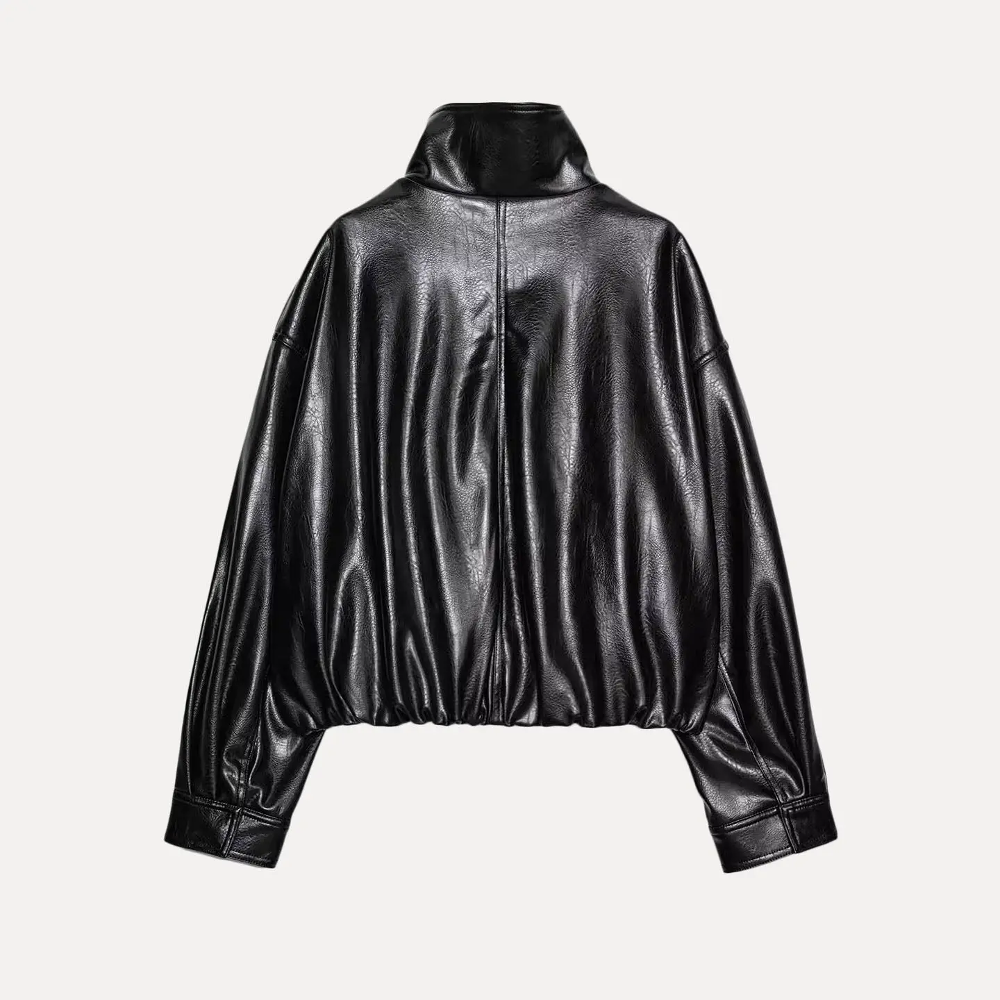 เสื้อโค้ทผู้หญิงแฟชั่นฤดูหนาว คอสูง แขนยาว ทรงหลวม สไตล์สตรีท  แบบมีซิป  วัสดุหนัง