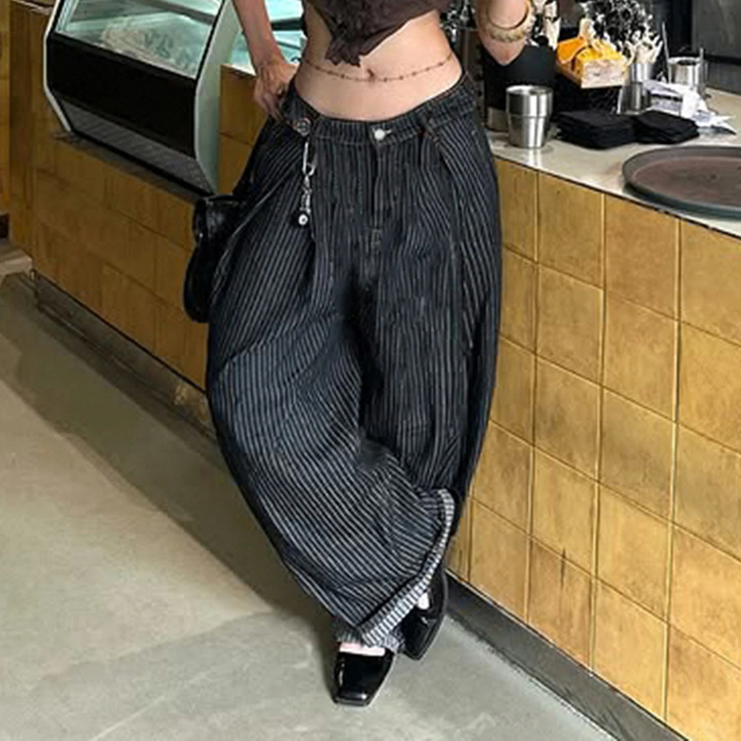 SUCHCUTE Jeans de Mujer a Rayas de Corte Holgado, Pantalones Vaqueros Retro de Tiro Bajo y Pierna Ancha, Estilo Grunge, Holgados, Colección Primavera 2026, Ropa Y2K 2026