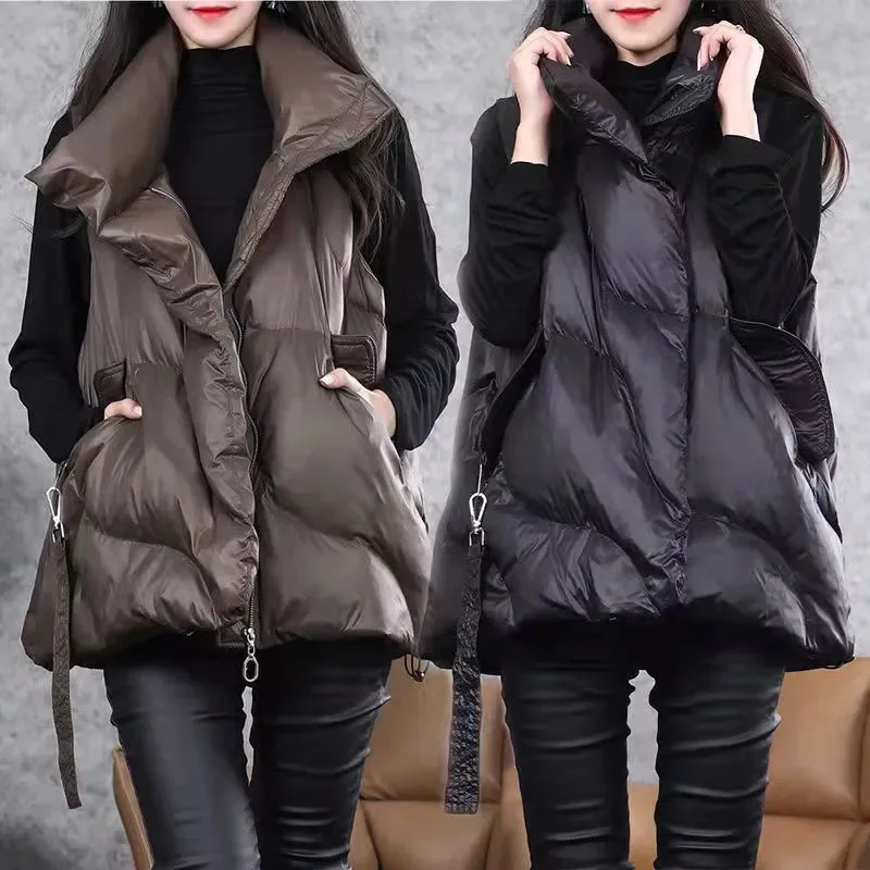 New Winter Down Cotton Vest Women Loose Solid Sleeveless Jacket Coat Female Warm Vests Autumn Lightweight Waistcoat Brown Black