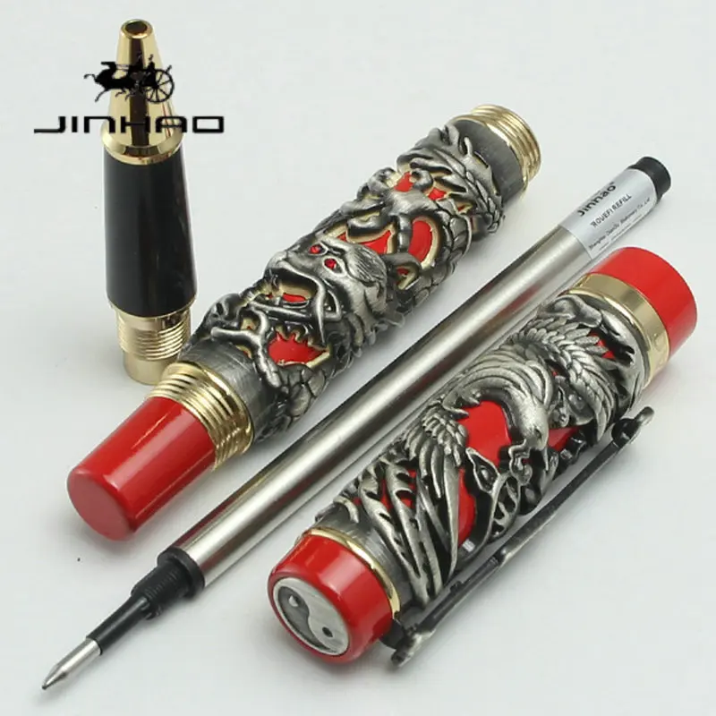 Vintage Collectible JINHAO Dragon Phoenix Rollerball Pen 3D Hollow Relief Solid Copper Heavy Weight Metal Signature Pen