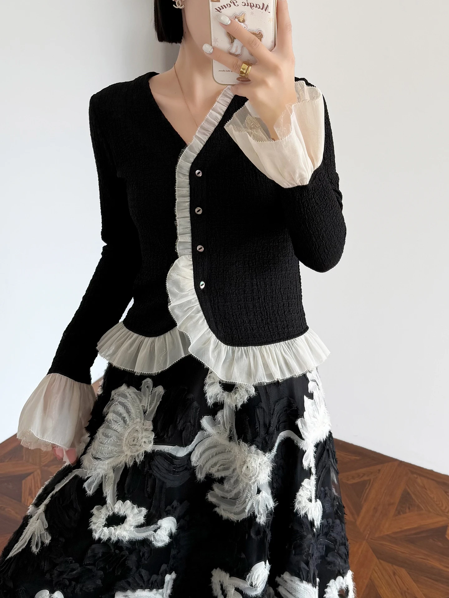 

Retro Color Blo Lace irt Open Cardigan Women Slim Fit V Ne Long Sve Top French Sle Polyester Spandex Blend