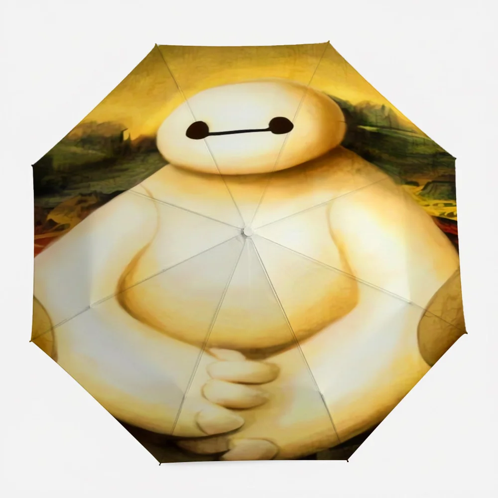 

Disney Big Hero 6 Baymax Mona Lisa Art Print Automatic Folding Umbrella, Yellow Waterproof Windproof Travel Umbrella for Kids an