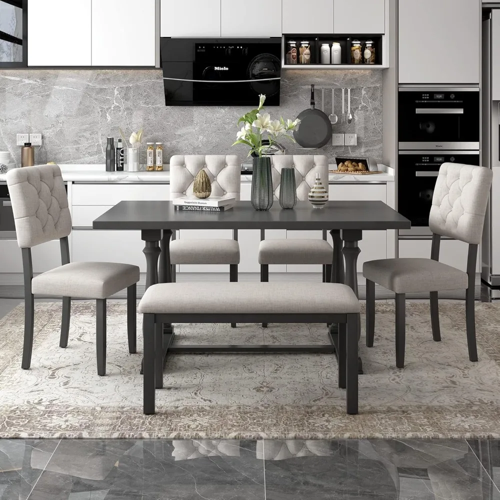 

6 Piece Kitchen Dining Table Set, Wooden Rectangular Dining Table with Upholstered Bench and 4 Chairs, Dining Room Table Set fo