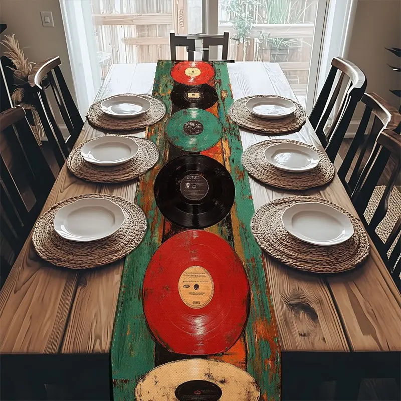 Retro-Style Table Flag, Multi-Color Record Pattern, 2D Print, Suitable For Kitchen And Dining Table Decoration, Home Decoration