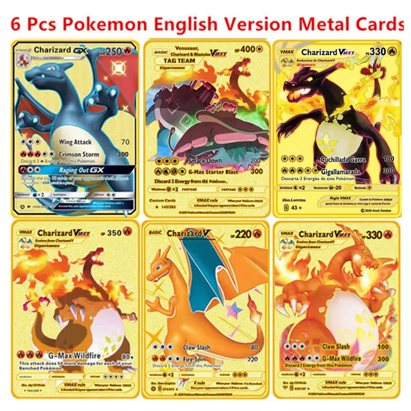 English Espanol Version 6-12 Pcs/Set Pokemon Metal Card Anime