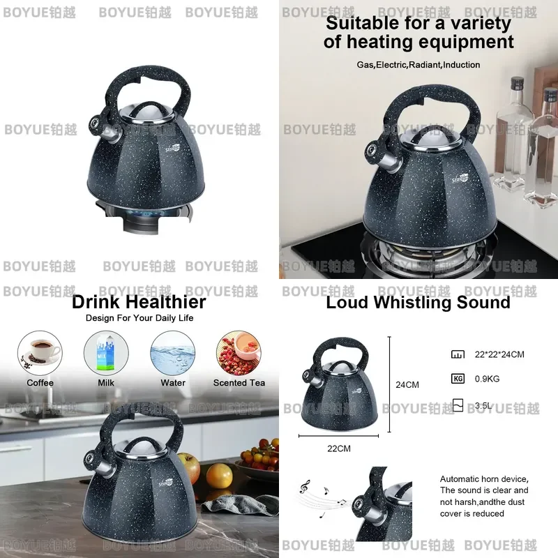 3.5L Stainless Steel Whistling Kettle Octagonal Design Large Capacity Tea Pot Compatible with Gas Stove and Induction Cooker