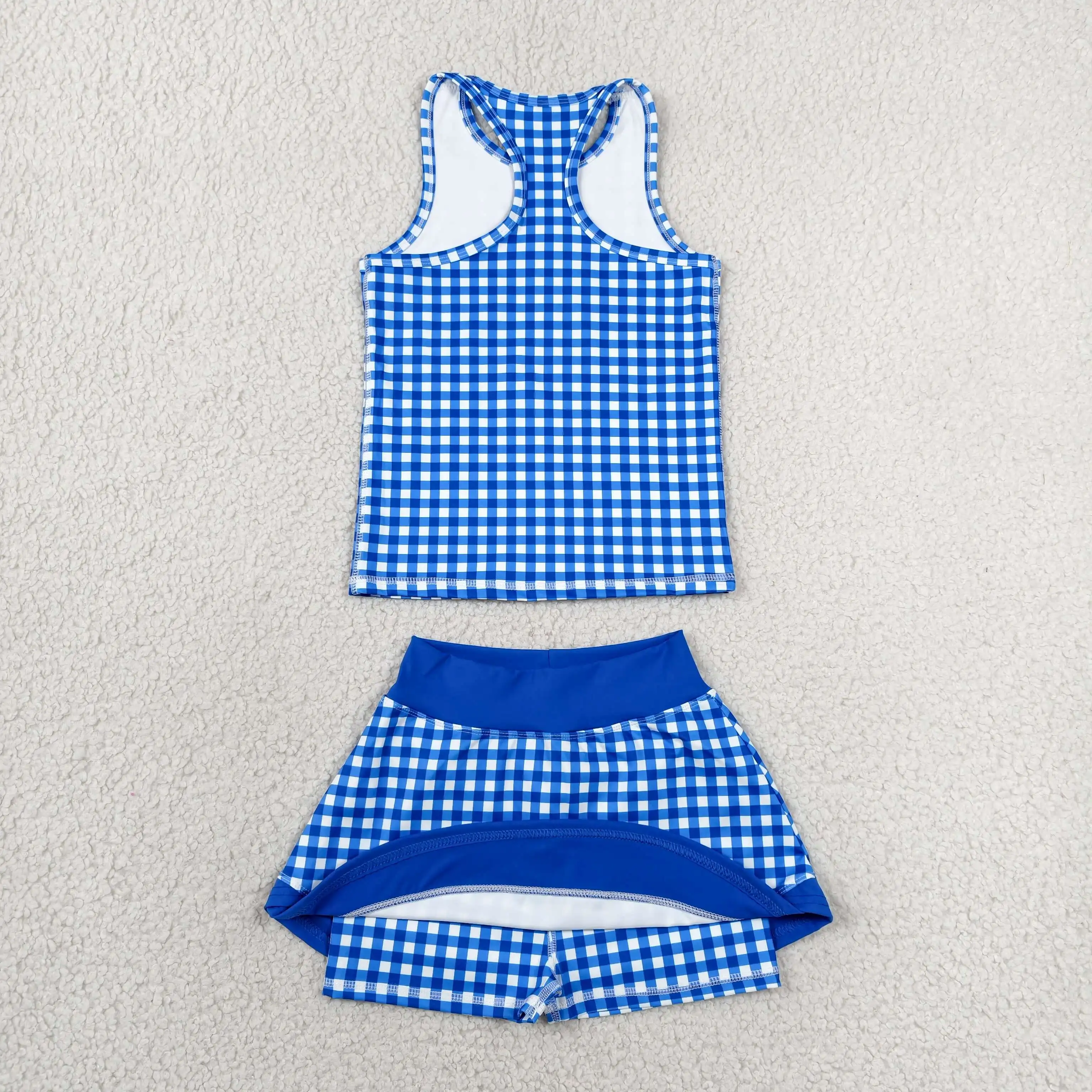 Wholesale Baby Girl Yoga Active Blue Plaid Clothing Toddler Shirt Ruffle Skirt Shorts Kids Skort Set Athletic Summer Clothes