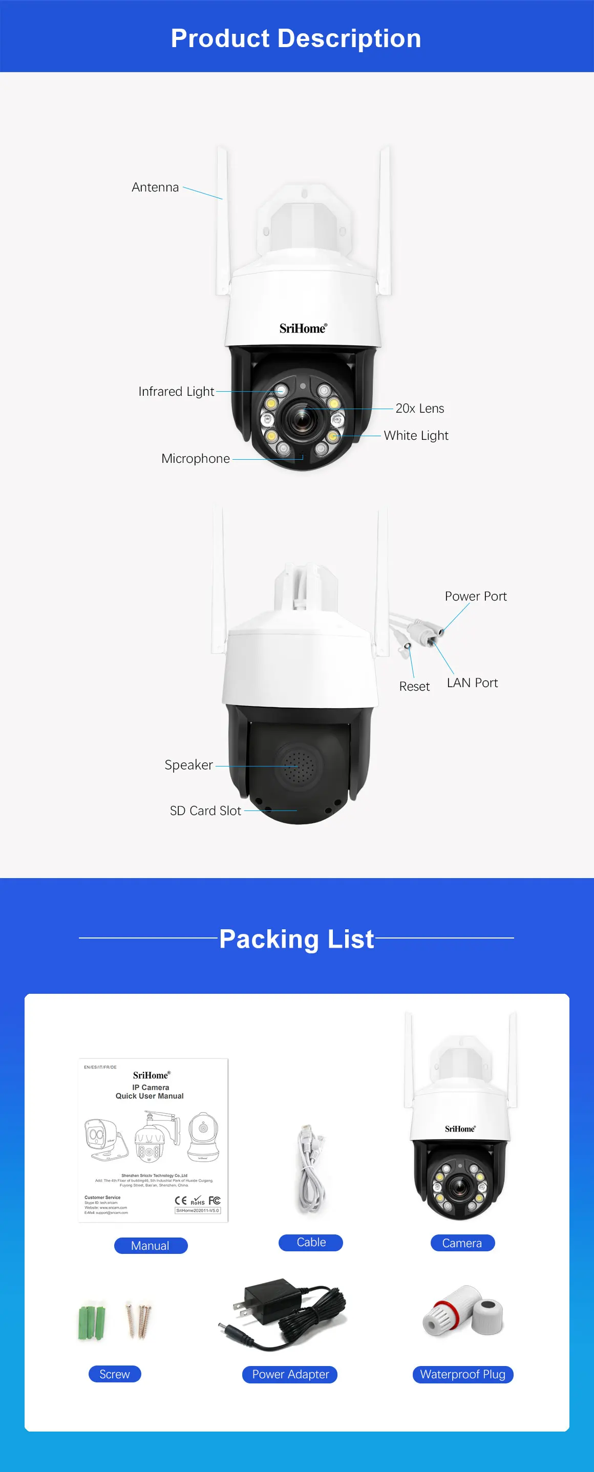 Srihome  SH041 5MP UHD 2.4G&5G Dual Band 20X Zoom Outdoor Water-proof WIFI IP Dome Camera Onvif Full Color AI Humanoid  Monitor