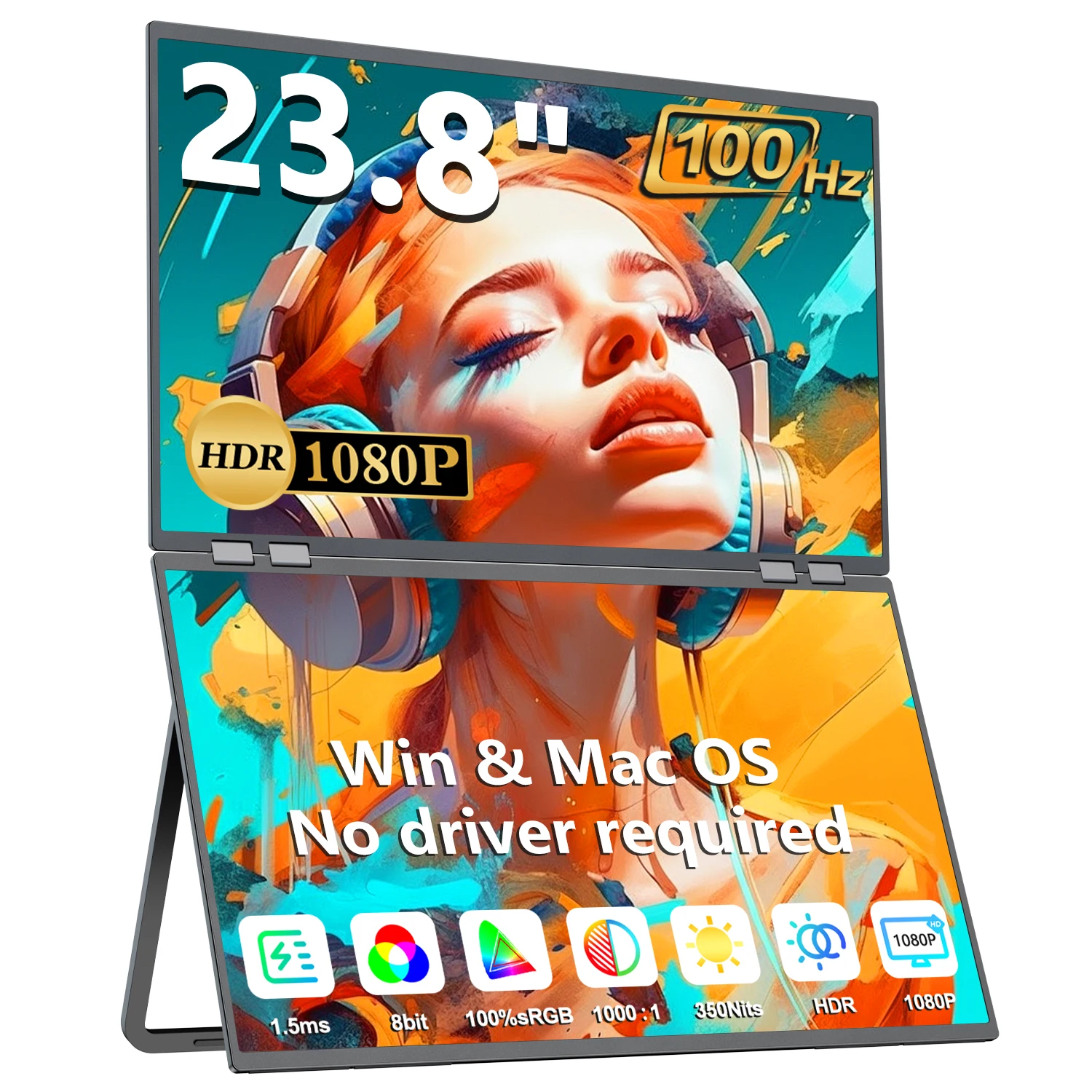 

23.8 Inch Laptop Screen Extender Portable Dual Monitor 100HZ 1080P 100%sRGB QLED Folding Display for Windows MacOS HDMI Type-C