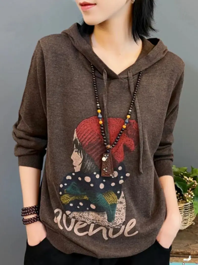 High-End-Teddybär-Kapuzenpullover für Damen, 2025, neuer Herbst, lockeres und vielseitiges, temperamentvolles, bedrucktes Strickpullover-Oberteil