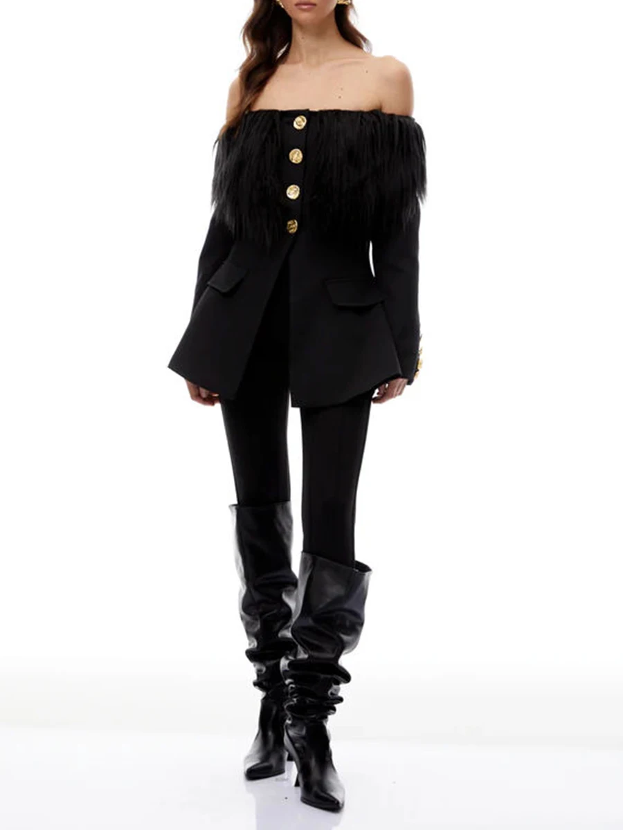 VGH, Blazers adelgazantes de felpa lisos elegantes para mujer, cuello oblicuo, manga con hombros descubiertos, chaqueta con temperamento con botones empalmados para mujer