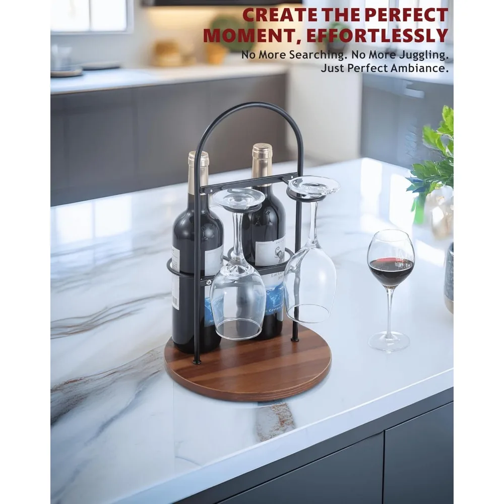 زجاجة نبيذ وحامل زجاجي للكونترتوب |   رف نبيذ صغير لزجاجتين و2 كوب |   تخزين النبيذ الحديث على سطح الطاولة مع جولة