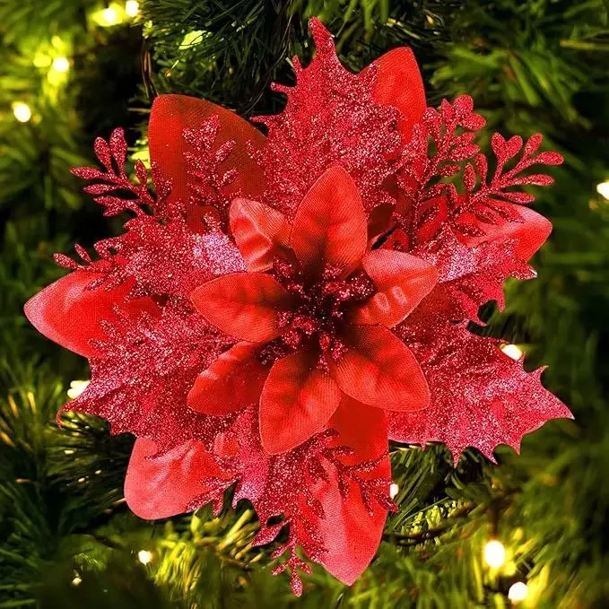 

1PC Christmas Golden Glitter 14cm Flower Christmas Tree Decoration Ornaments Color Glitter Home Party Decoration Supplies