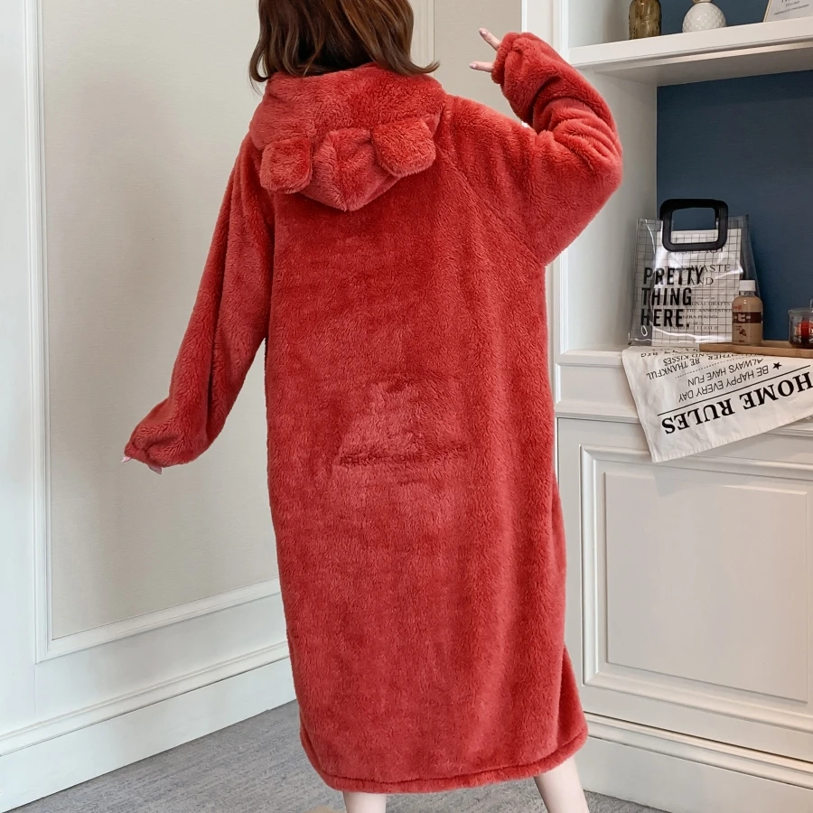 Winter Coral Fleece Robes Women Thicken Warm Hooded Sleepwear Casual Sweet Plus Velvet Lounge Home Daily Panelled Халат Женский