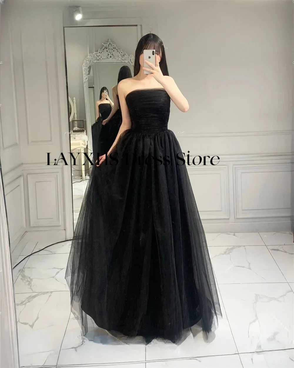 ชุดราตรีแบบไร้สายสำหรับผู้หญิง รุ่นใหม่ปี 2026 สีเหลืองอ่อน ผ้าทูลล์ สไตล์เกาหลี เหมาะสำหรับถ่ายภาพงานแต่งงาน งานปาร์ตี้ สามารถสั่งตัดได้