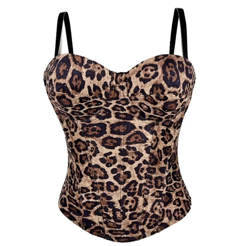 

customized women adult leopard print suede vest elastic gathering fishbone shaping corset dance party costume sexy lingerie bra