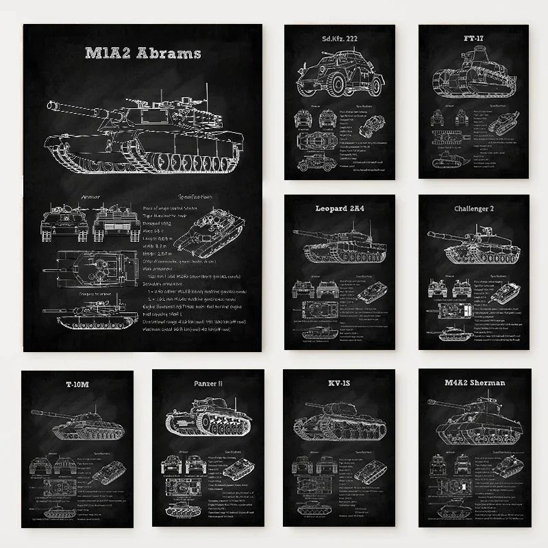 Tanks Blueprint Black Poster German Heavy Tank US Army World War Canvas Painting Wall Art for Living Room Home Decoration Mur