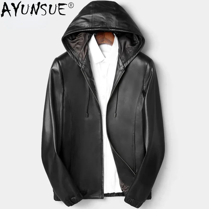 

AYUNSUE Black Sheepskin Leather Jacket Men Clothing Spring Autumn Warm Hooded Mid-length Trenchcoat Leather Coats Casaco De Pele