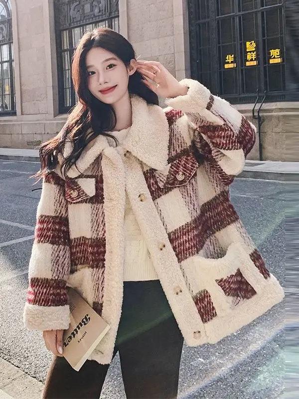 

Retro Korean Plaid Lamb Fur Splicing Jaet Women's Small Size Winter Cotton Insert Loose Briti Sle Cotton Coat Warmth