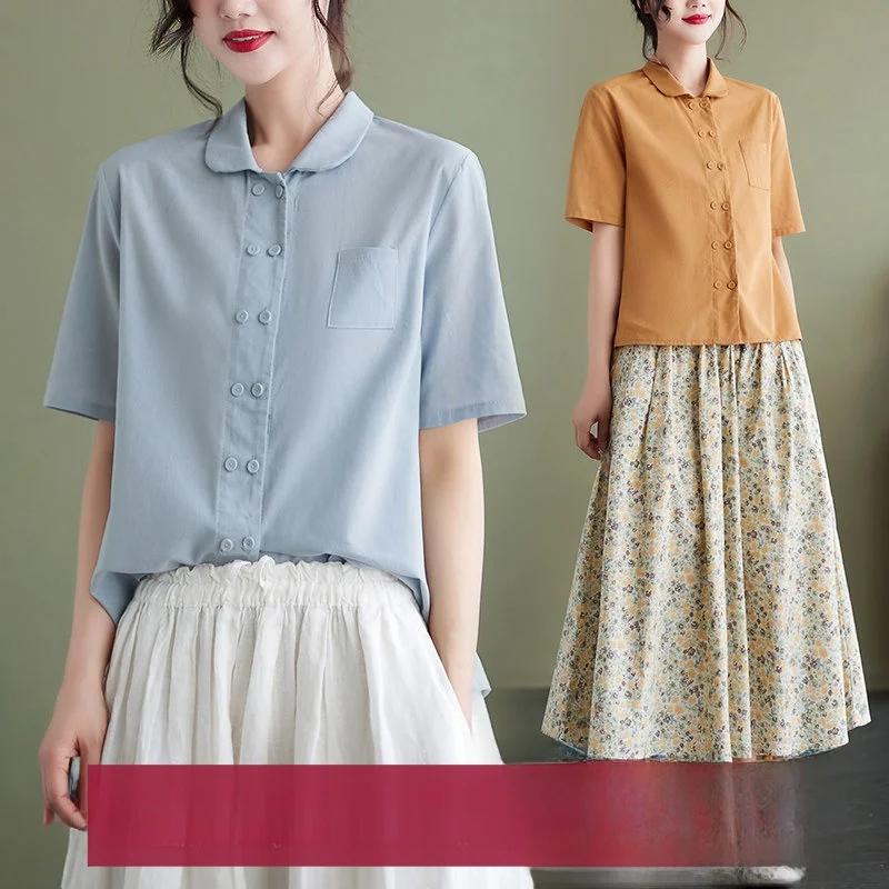 

Retro Cotton Linen Color Single Button Shirt Women's Summer New Loose Short Sleeve Thin Top Breathable Comfortable