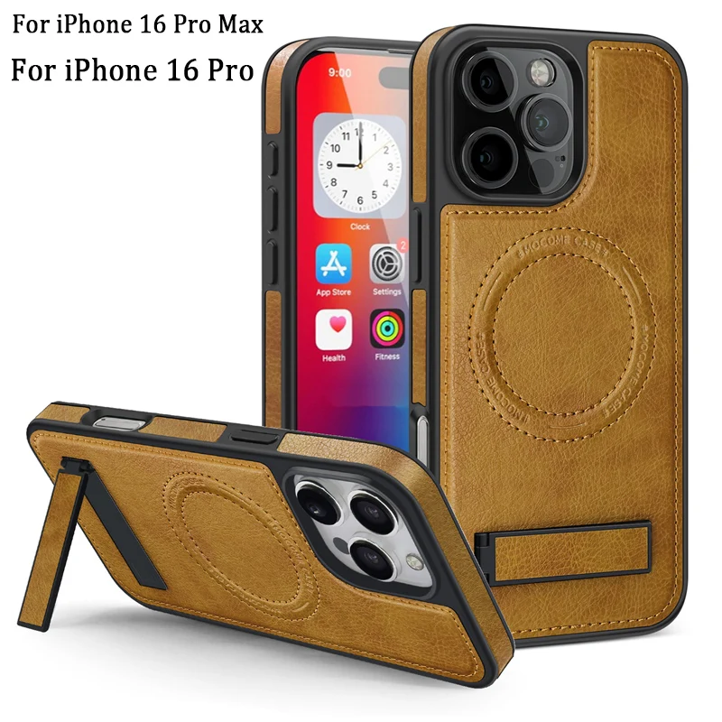 For iPhone 16 Pro Max Plus Case 2024 Magnetic Leather Kickstand Back Cover Compatible With Magsafe Protection Shockproof Coque