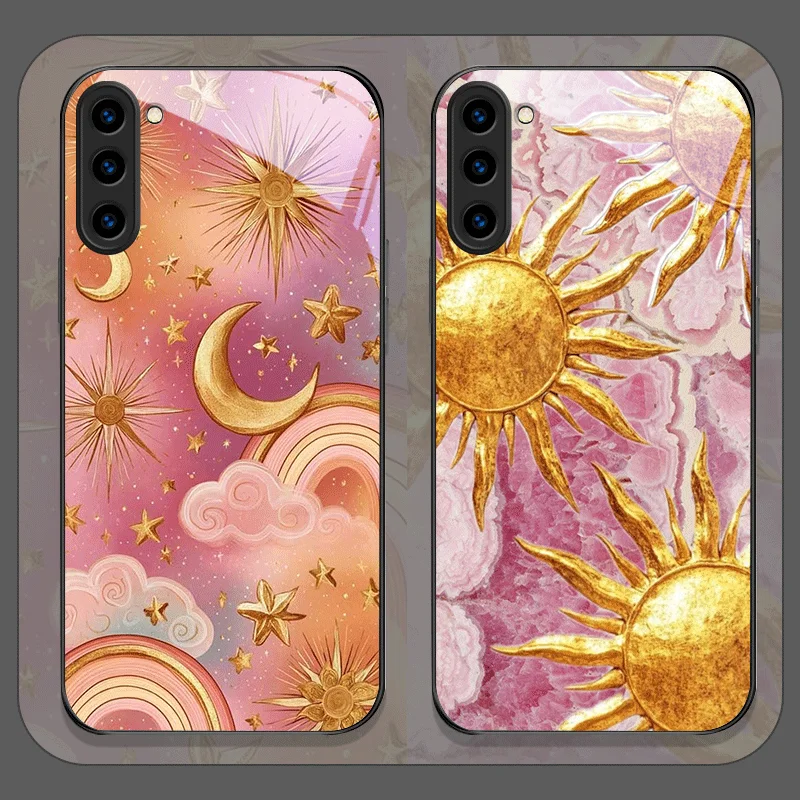 Art Golden Starry Sky Sun Moon Printed Tempered Glass Phone Case for Samsung Galaxy S26 S25 Ultra S24 S23 Plus S22 S21 FE Cover