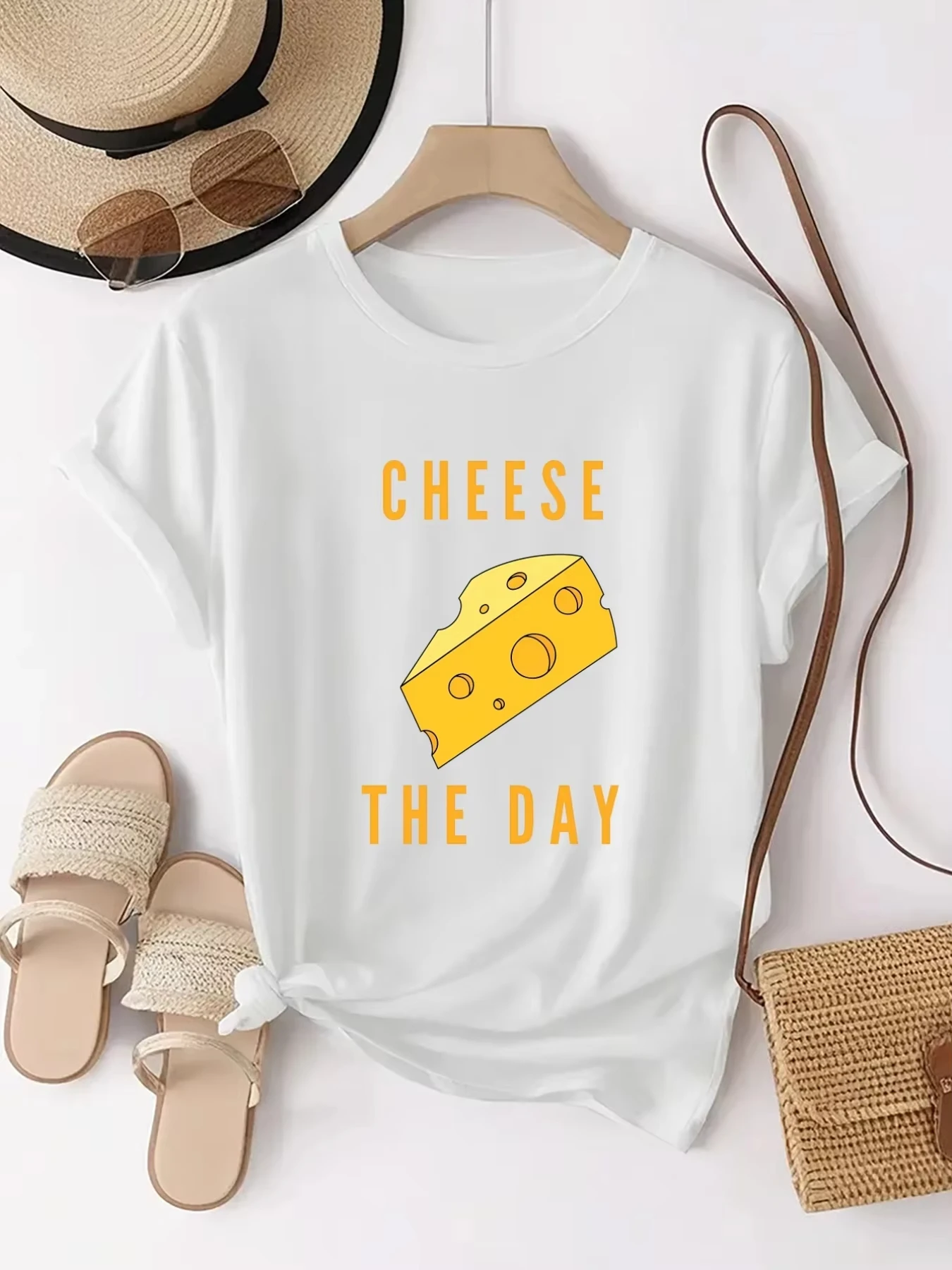 Cheese of The Day Funny Cheese Slice Graphic Tee Unisex Round Neck Soft Fabric Cheese Lover Casual Everyday Streetwear Tops