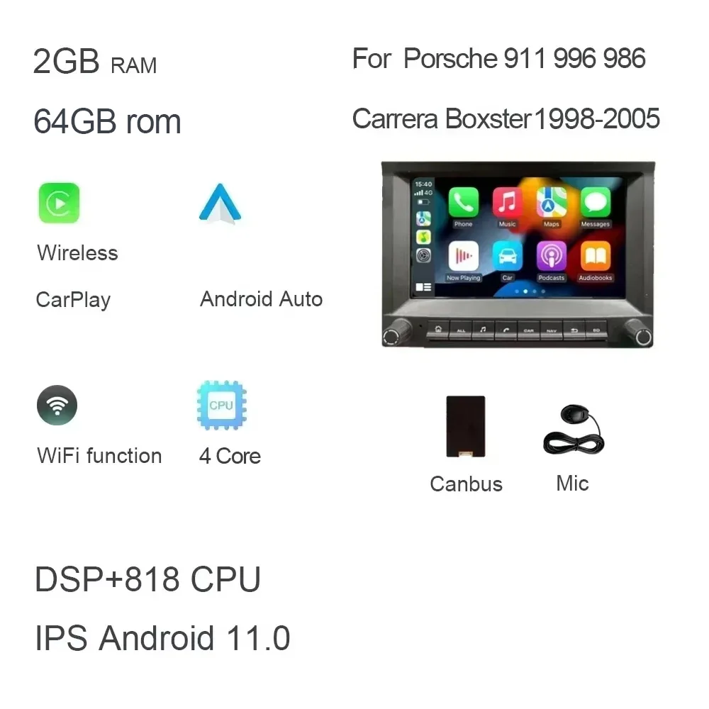 CarPlay 7' 2 DIN Android 14.0 Auto-Player 8-Kern 8GB 256GB DSP Multimedia GPS Autoradio für Porsche 911 996 986 Cayman Boxster