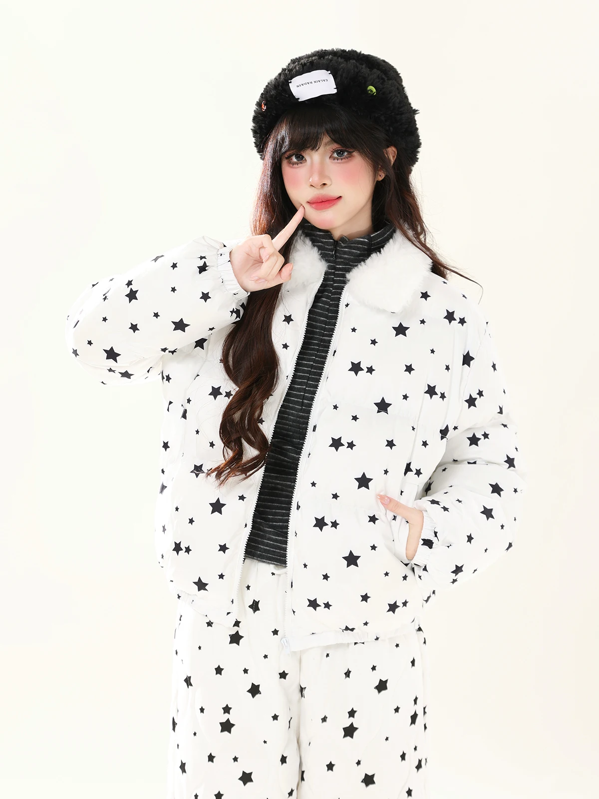 

ENJOG American Sle Thiened ort Cotton Jaet Women's Winter Coat Lamb Fur Collar Printed Stars Cact Size Outerwear