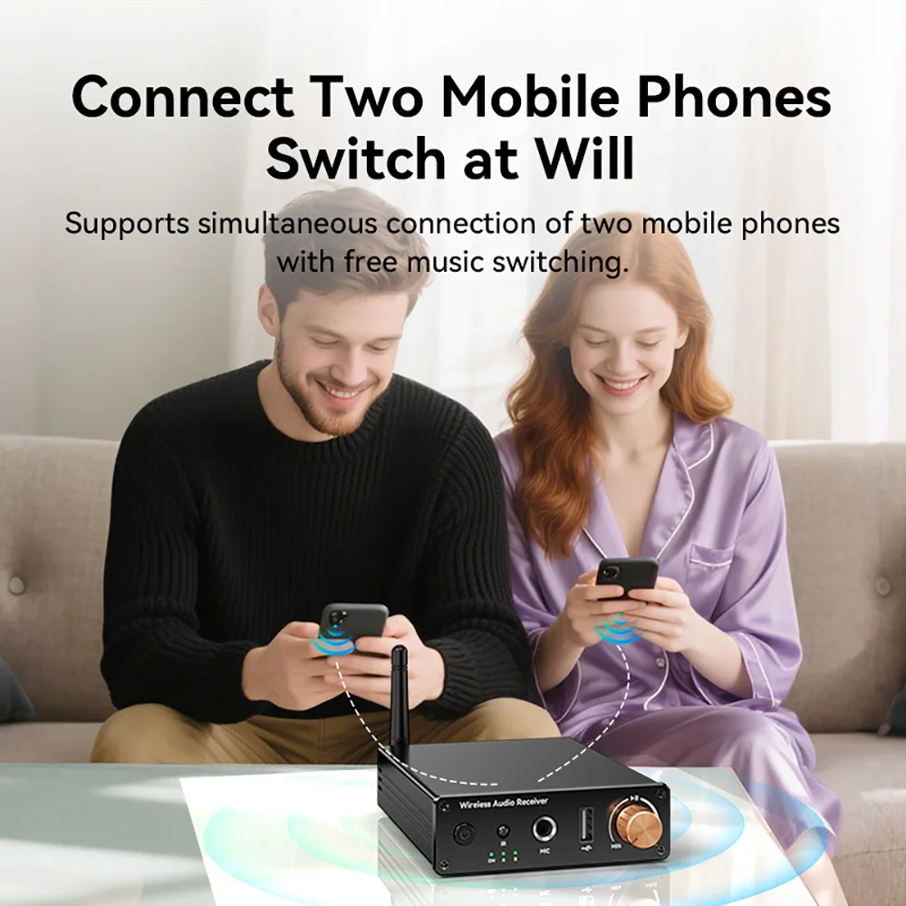 Bluetooth6.0 수신기 스테레오 낮은 대기 시간 무선 오디오 어댑터 무손실 오디오 수신기 AUX 3.5mm RCA/U-디스크/6.5MM 마이크 증폭기