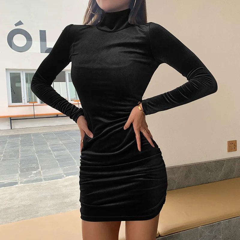 Aksamitna sukienka jesień kobiety z długim rękawem z golfem Bodycon Mini sukienki solidna Slim Party Dress Clubwwear Vestidos De Noche