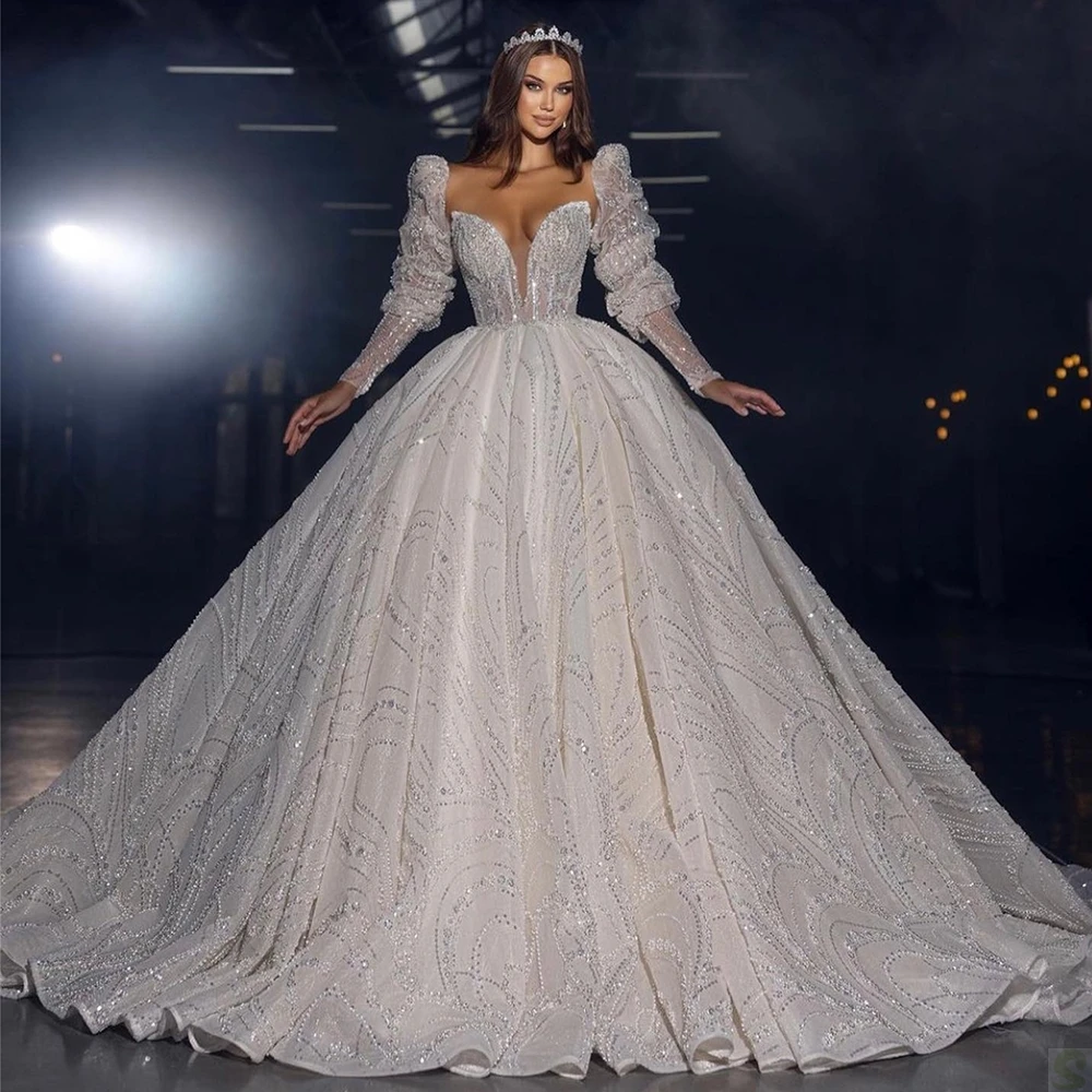 Luxury Ball Gown Wedding Dresses Sweetheart Long Sleeves Sparkly Sequin Appliqued Bridal Wear African Country Vestido De Novia