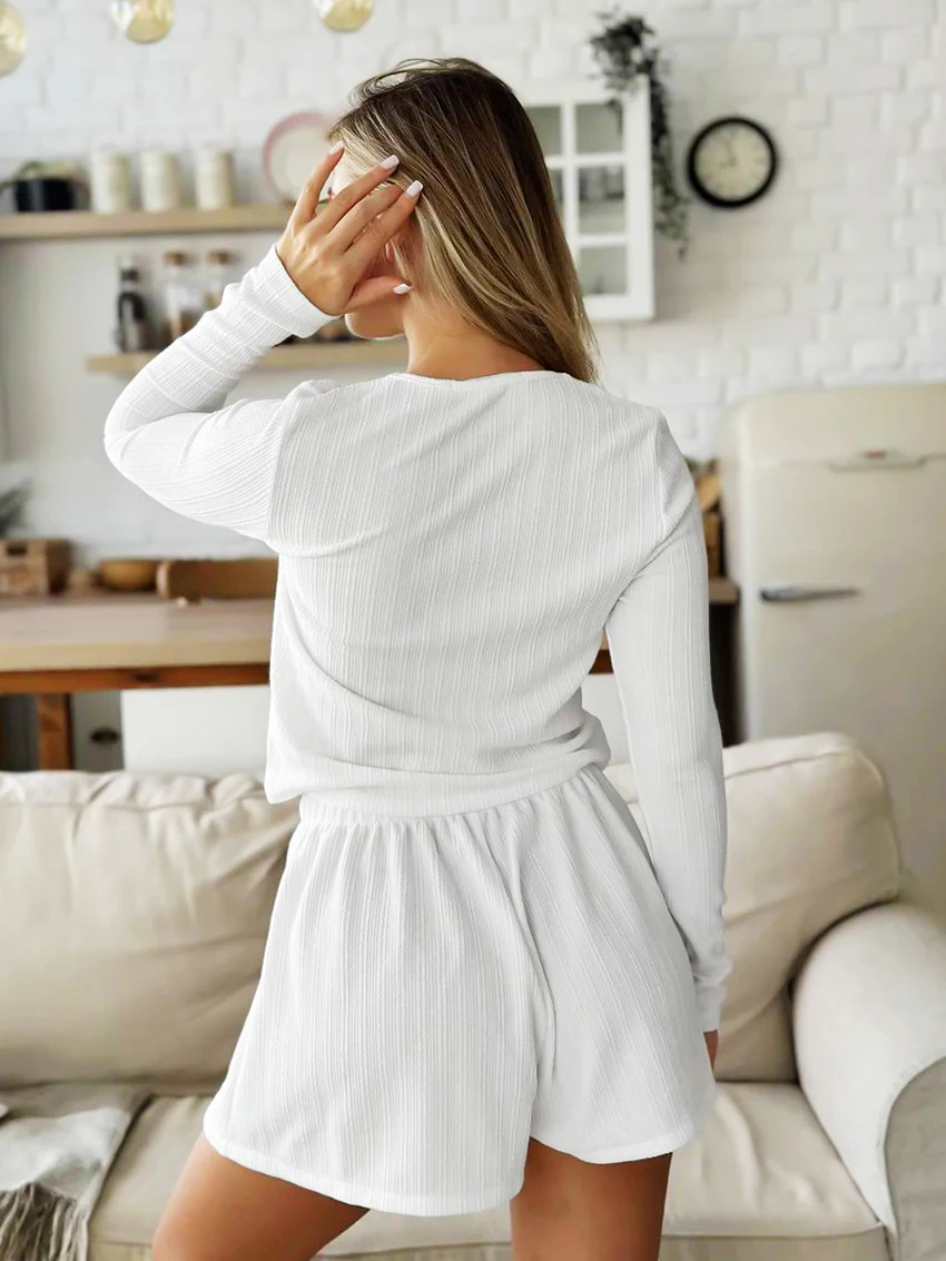 Marthaqiqi Knitted Home Clothes Ladies V-Neck Sleepwear Long Sleeve Nightgown Crop Top Nightwear Shorts Casual Female Pajama Set