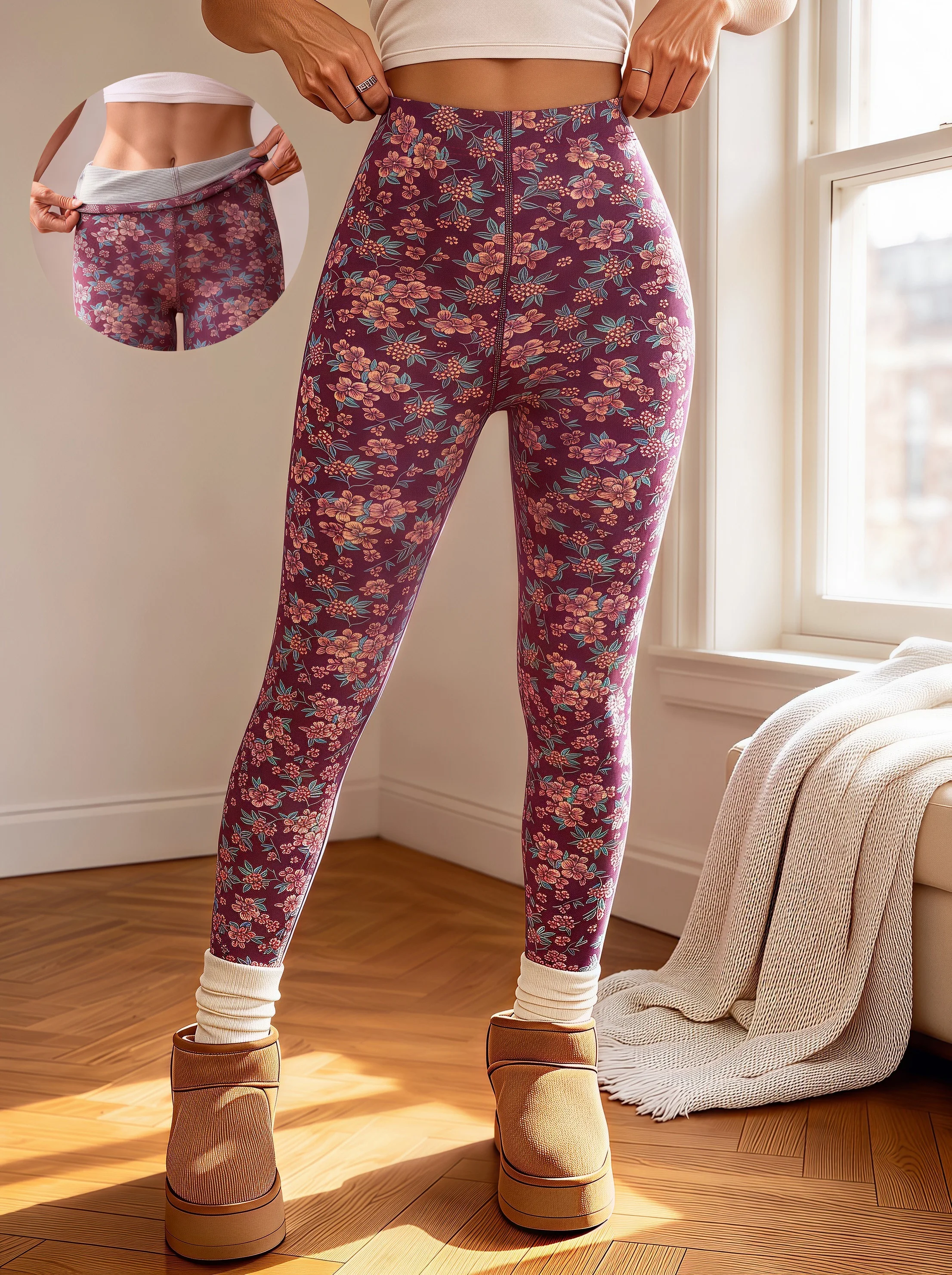 Women Vintage Ditsy Floral High Waist Light Fleece Lined Leggings Elastic Buttery Soft Snug Warm Pants for Fall Winter Home