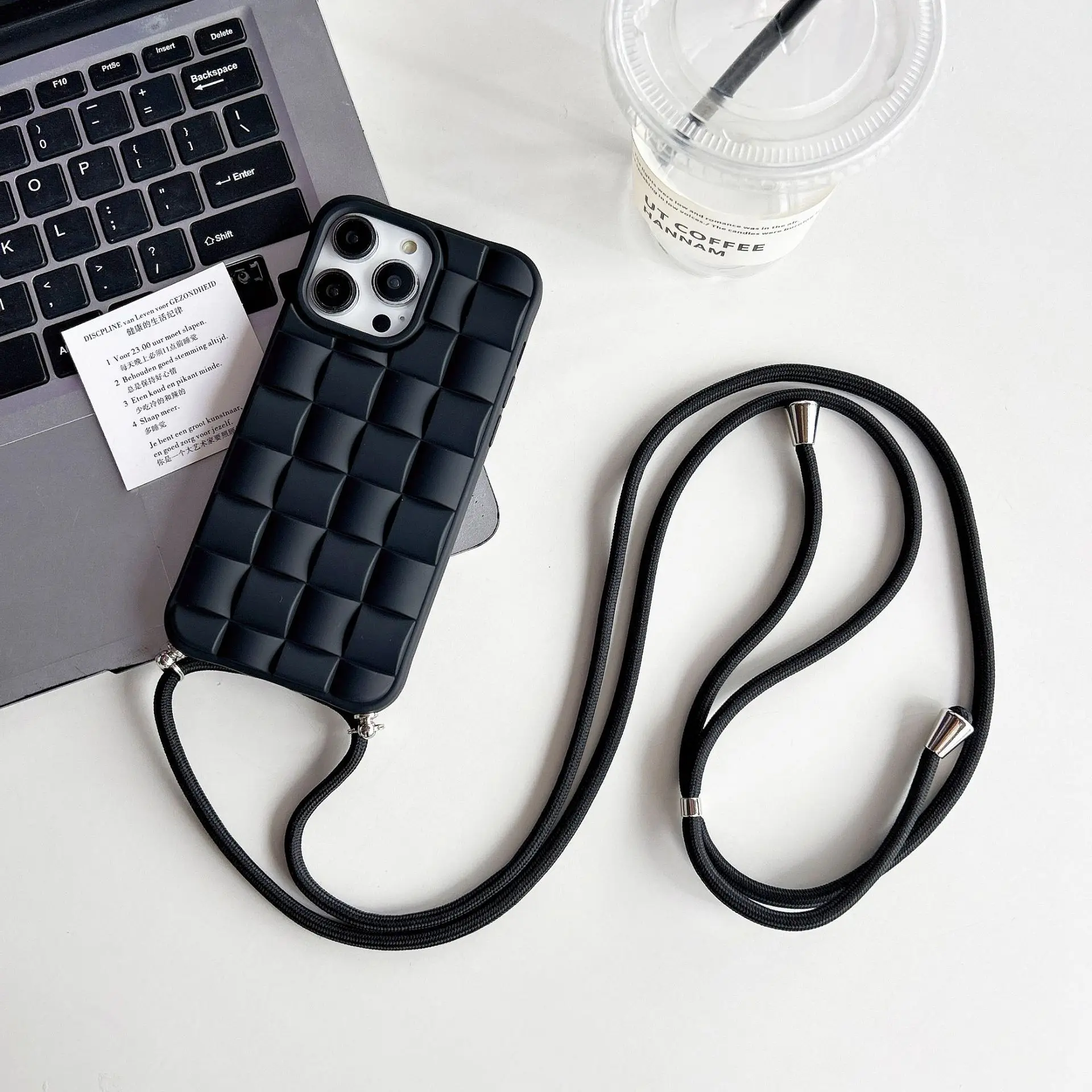 Cute 3D Puffy Grid TPU Soft Cover With Detachable Adjustable Crossbody Lanyard Anti‑Drop Phone Case For iPhone 11‑18 Pro Max