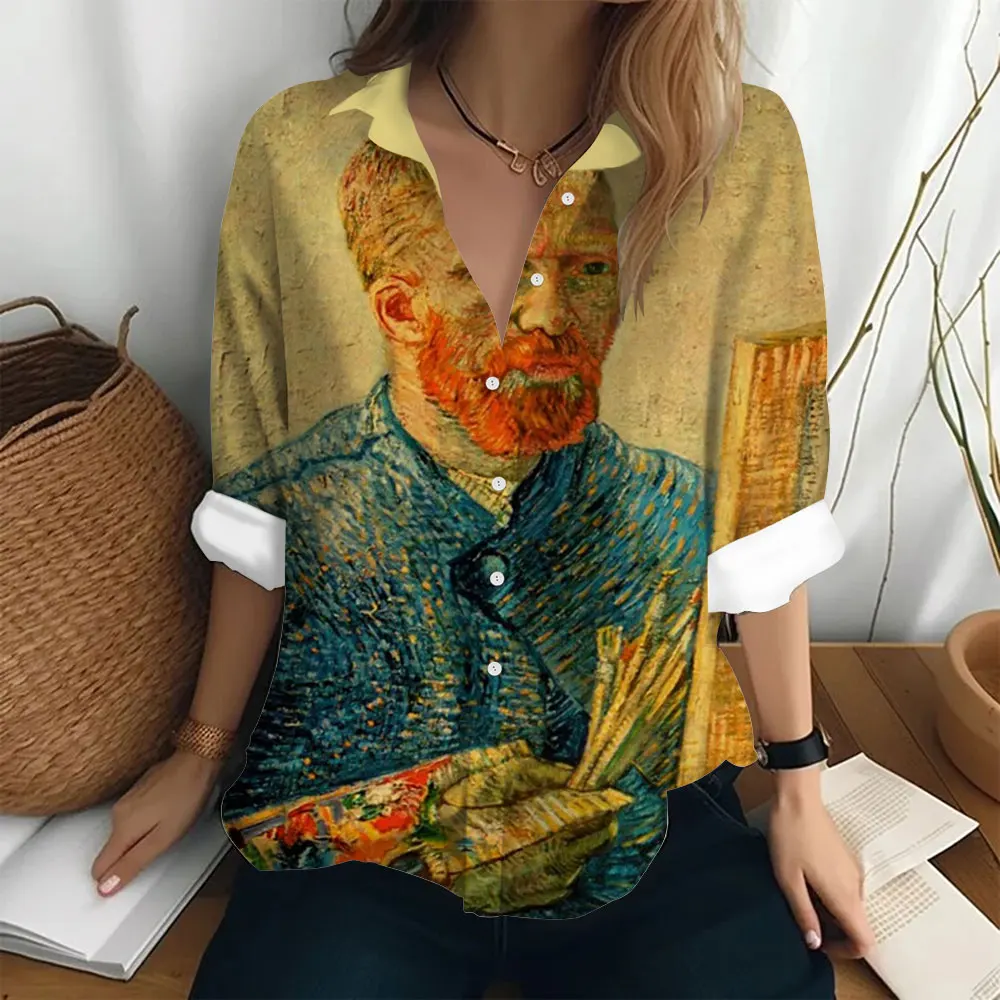 Women\'s Long Sleeved Shirt Van Gogh\'s Oil Painting Print Sunflower Pattern Clothing Loose Lapel Top Women\'s Party Fashion Shirt