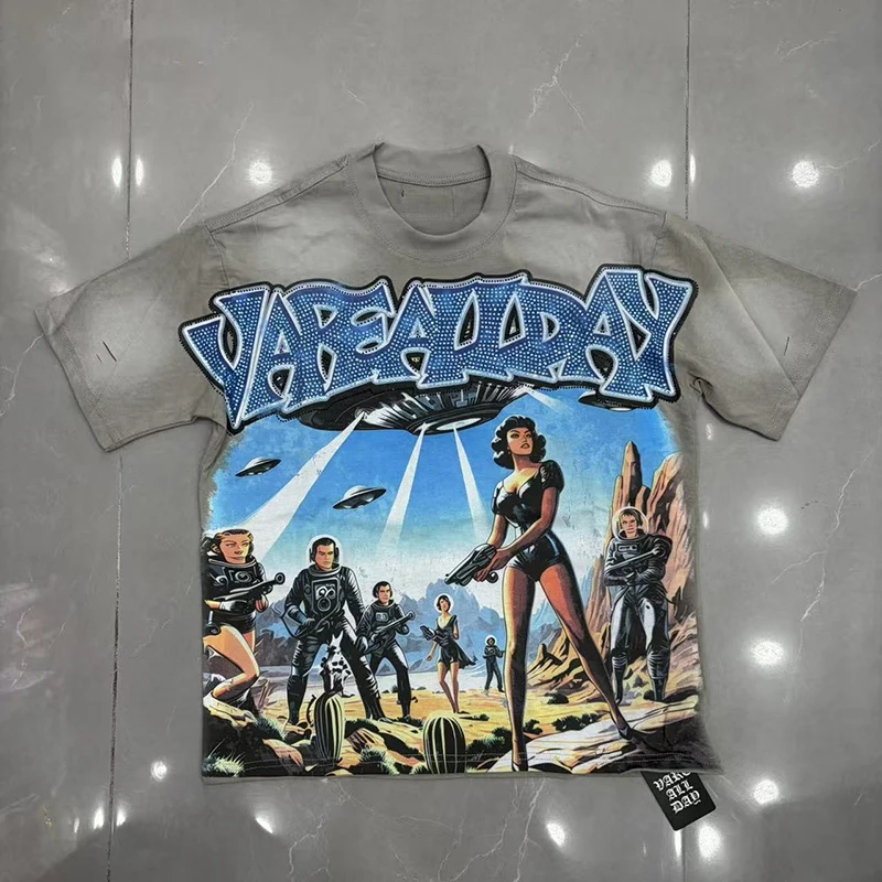 VARE ALL DAY Short Sleeve American Vintage Comic Print Washed Men Women Cotton Round Neck T-Shirt