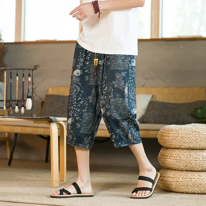 2025 Printed Pants Large Size Cropped Chinese Summer Loose Straight Casual Fat Man Shorts Thin Beach Pants