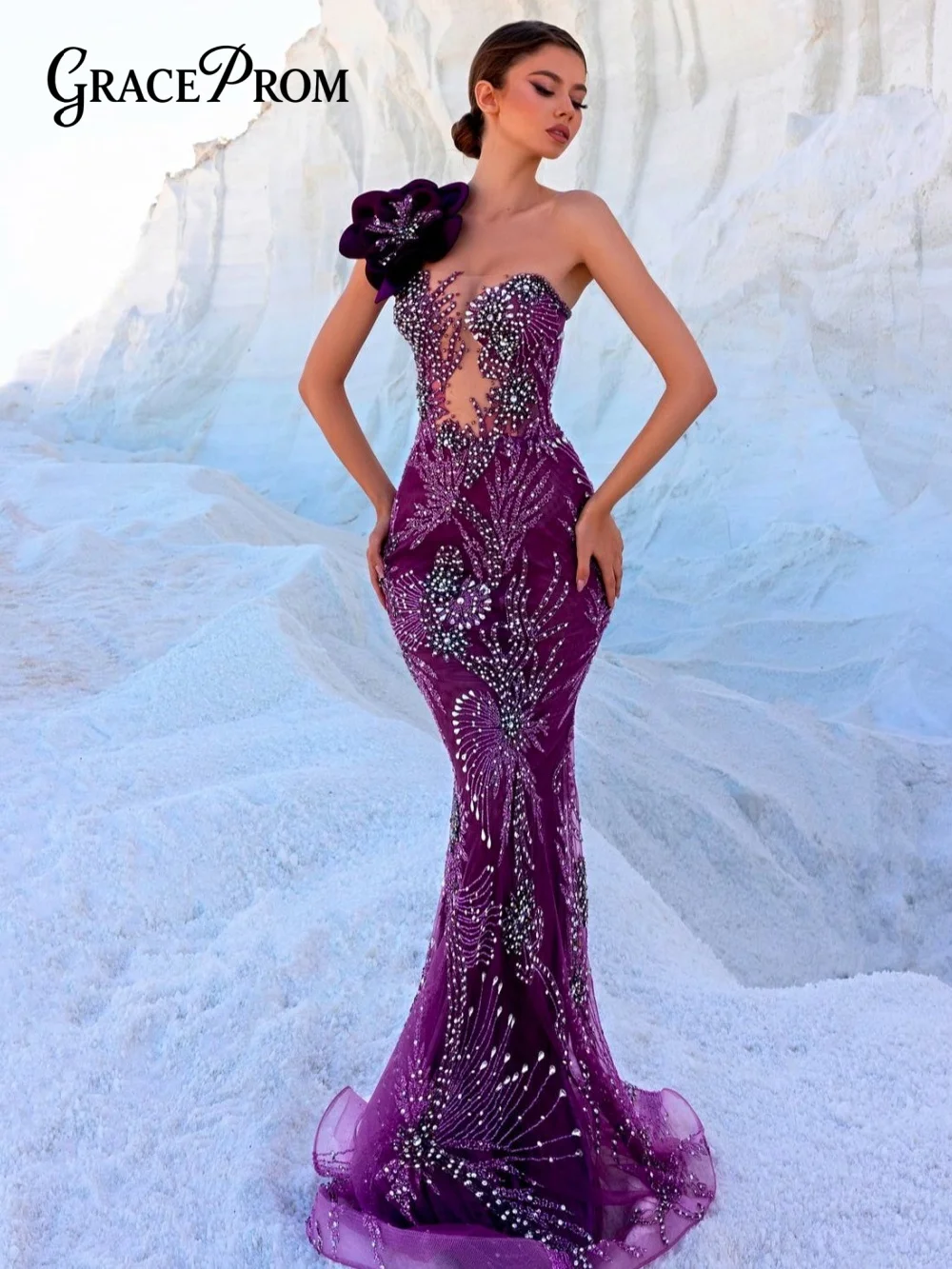 Luxurious Sequin Mesh Evening Dress Charming One-Shoulder Evening Gown Shimmering Floral-Studded Floor-Length Party Gown Customi