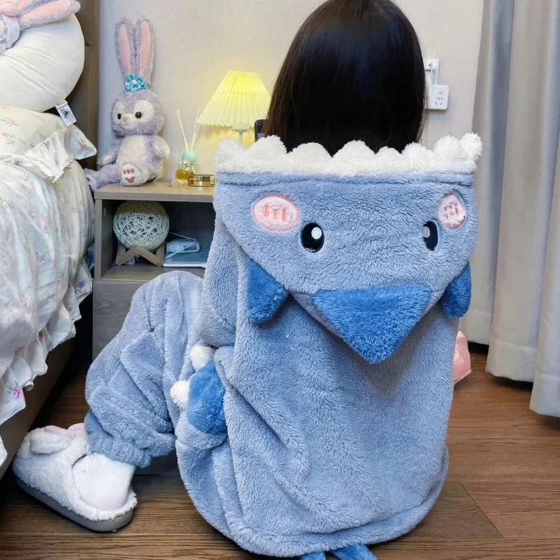 Cartoon Cute Shark Women\'s Pajamas Flannel Hooded Sleepwear Pijama Jumpsuit Female Set Cute Pyjamas Halloween Party Loungewear