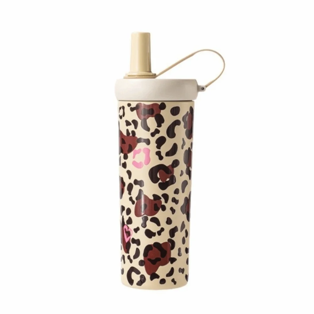Leopard Pattern Straw Thermos Cup 750ML Stainless Steel Thermal Water Bottle Leak-Proof Durable Drinking Straw Cup Running