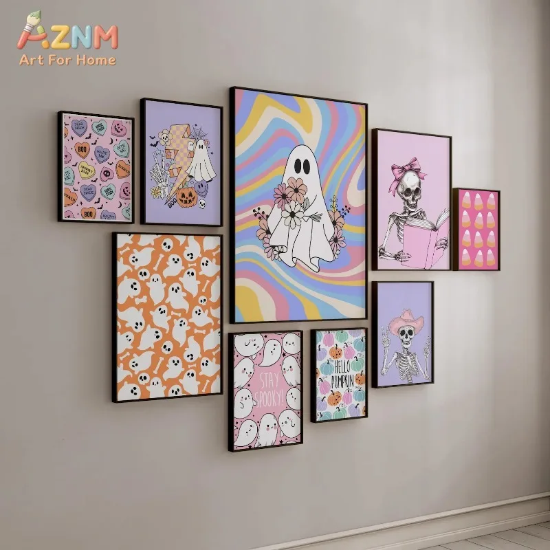 AZNM Pink Spooky Halloween Canvas Wall Art Skeleton Ghost Pumpkin Boo Print Painting Pastel Gothic Poster for Living Room Home D